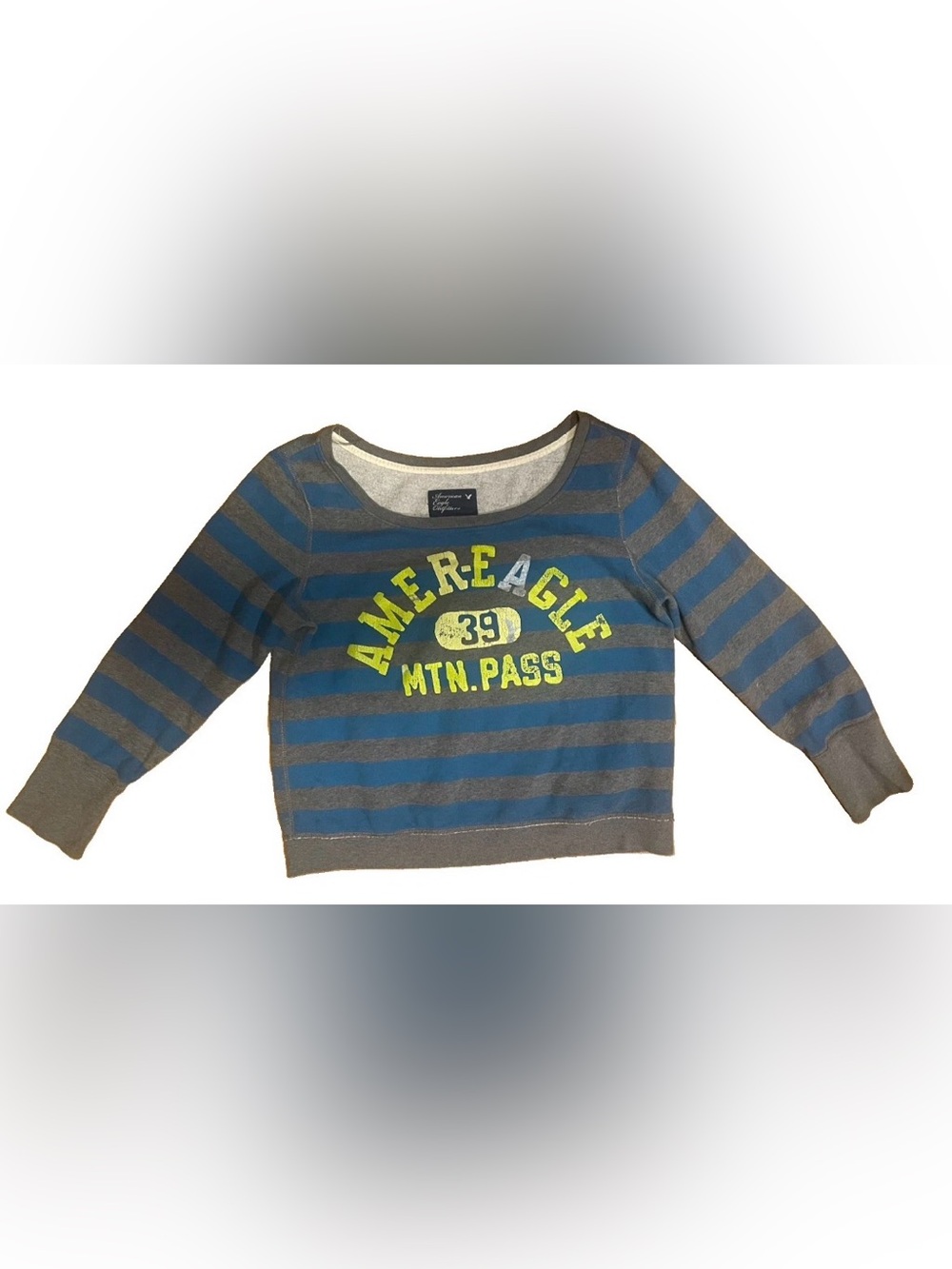 American Eagle Outfitters Blue & Gray Striped Scoop Neck Graphic Sweatshirt